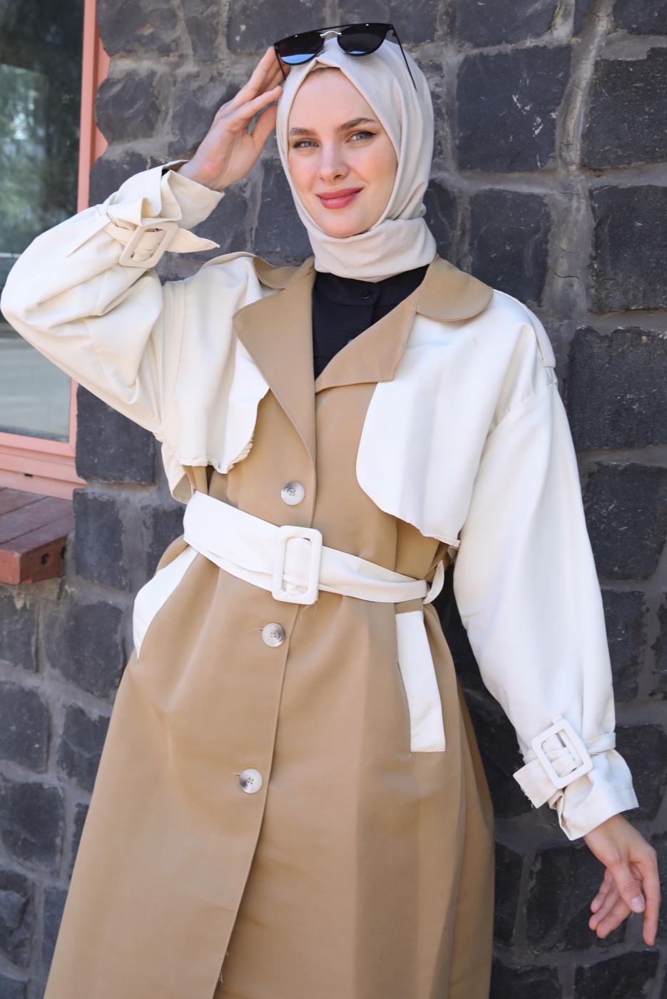 Vêtements hijab BRUN TRENCH BICOLORE CEINTURE AVEC PATTE T 90080