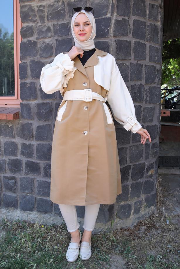 Vêtements hijab  DOUBLE COLORED BELTED TRENCH COAT WITH TABS T 90080 - TRENDTESETTÜR