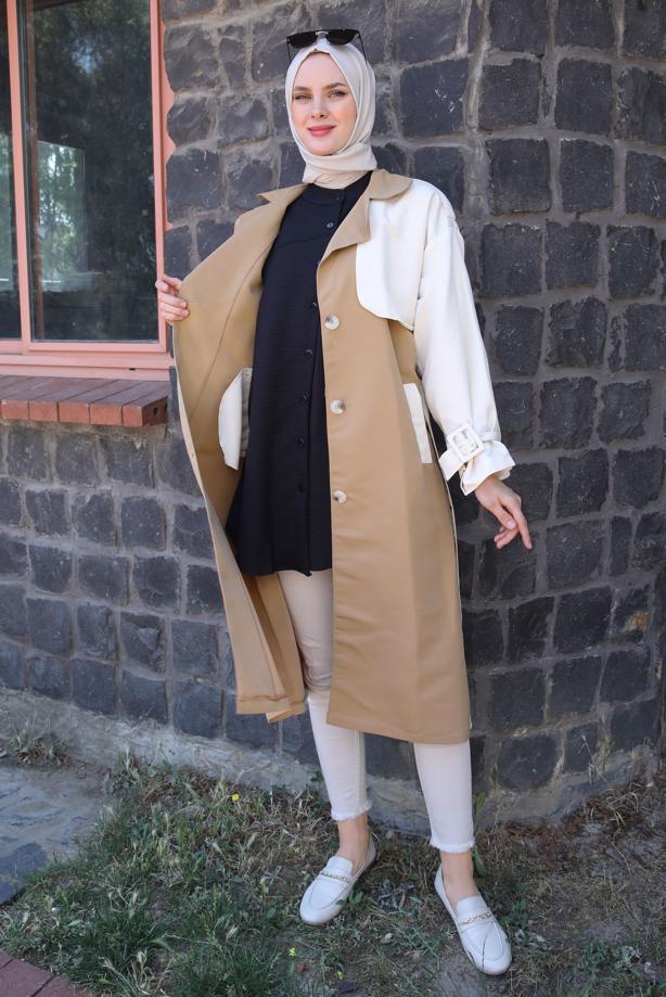 Vêtements hijab  DOUBLE COLORED BELTED TRENCH COAT WITH TABS T 90080 - TRENDTESETTÜR