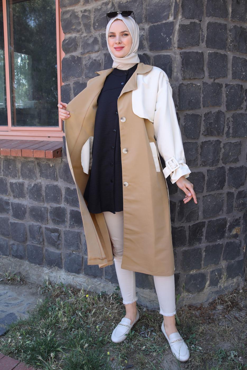 Vêtements hijab BRUN TRENCH BICOLORE CEINTURE AVEC PATTE T 90080