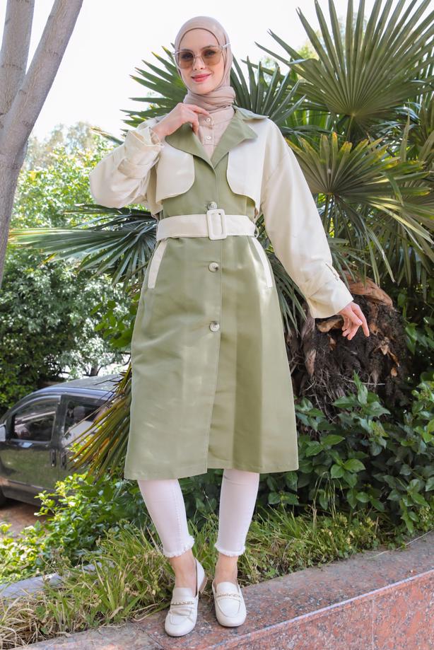 Vêtements hijab  DOUBLE COLORED BELTED TRENCH COAT WITH TABS T 90080 - TRENDTESETTÜR