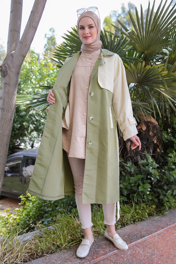 Vêtements hijab  DOUBLE COLORED BELTED TRENCH COAT WITH TABS T 90080 - TRENDTESETTÜR