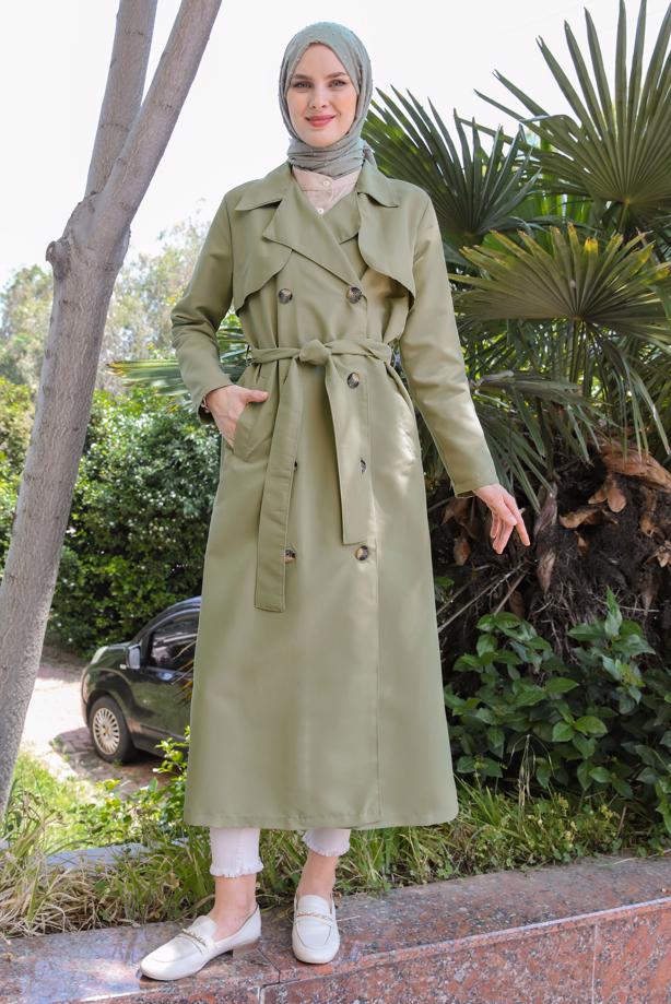 Vêtements hijab  DOUBLE BREASTED TRENCH-COAT WITH BELT T 90090 - TRENDTESETTÜR