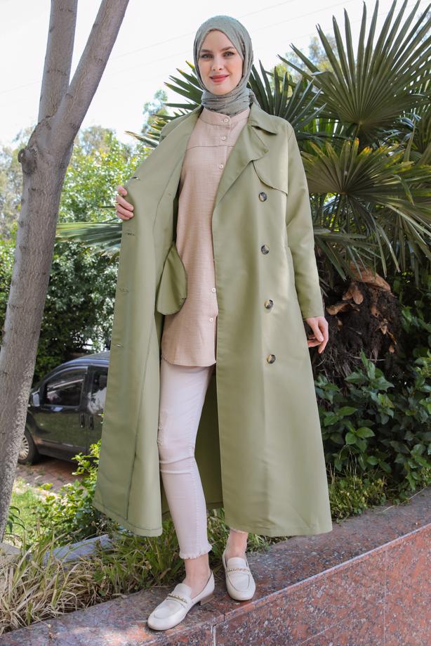 Vêtements hijab  DOUBLE BREASTED TRENCH-COAT WITH BELT T 90090 - TRENDTESETTÜR