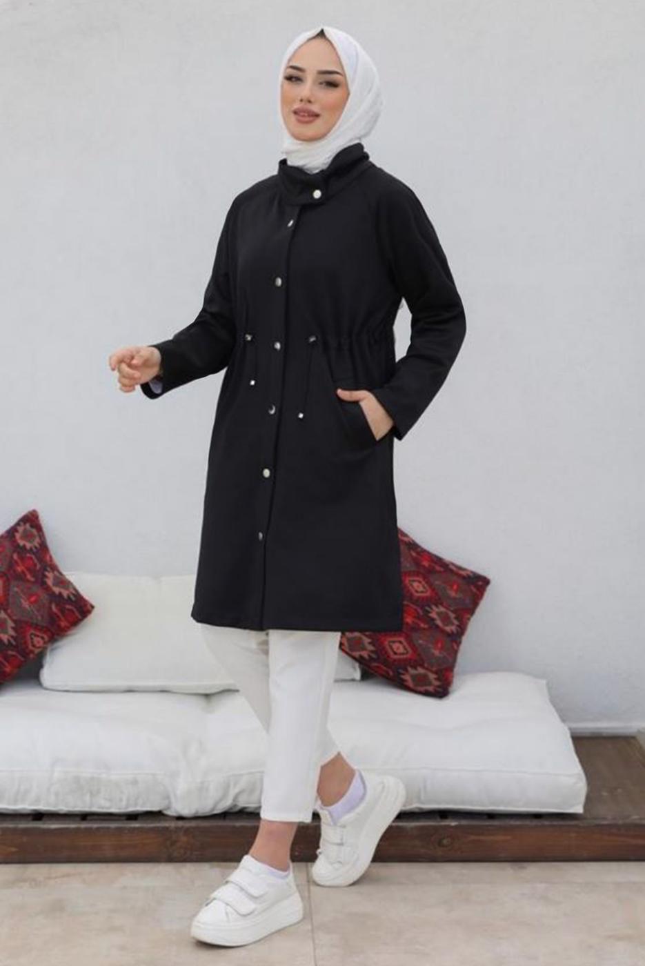 Tesettür giyim SİYAH BELİ BÜZGÜLÜ ÇITÇITLI CEPLİ KAP T 91058