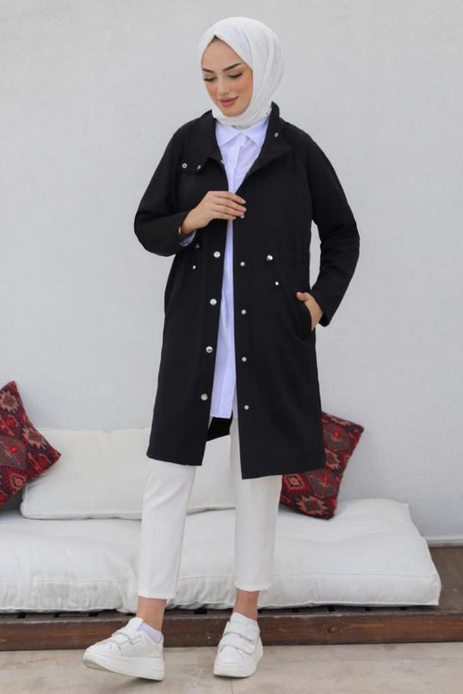 Tesettür giyim SİYAH BELİ BÜZGÜLÜ ÇITÇITLI CEPLİ KAP T 91058