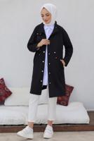Tesettür giyim SİYAH BELİ BÜZGÜLÜ ÇITÇITLI CEPLİ KAP T 91058