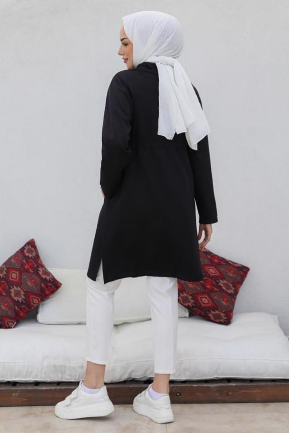 Tesettür giyim SİYAH BELİ BÜZGÜLÜ ÇITÇITLI CEPLİ KAP T 91058