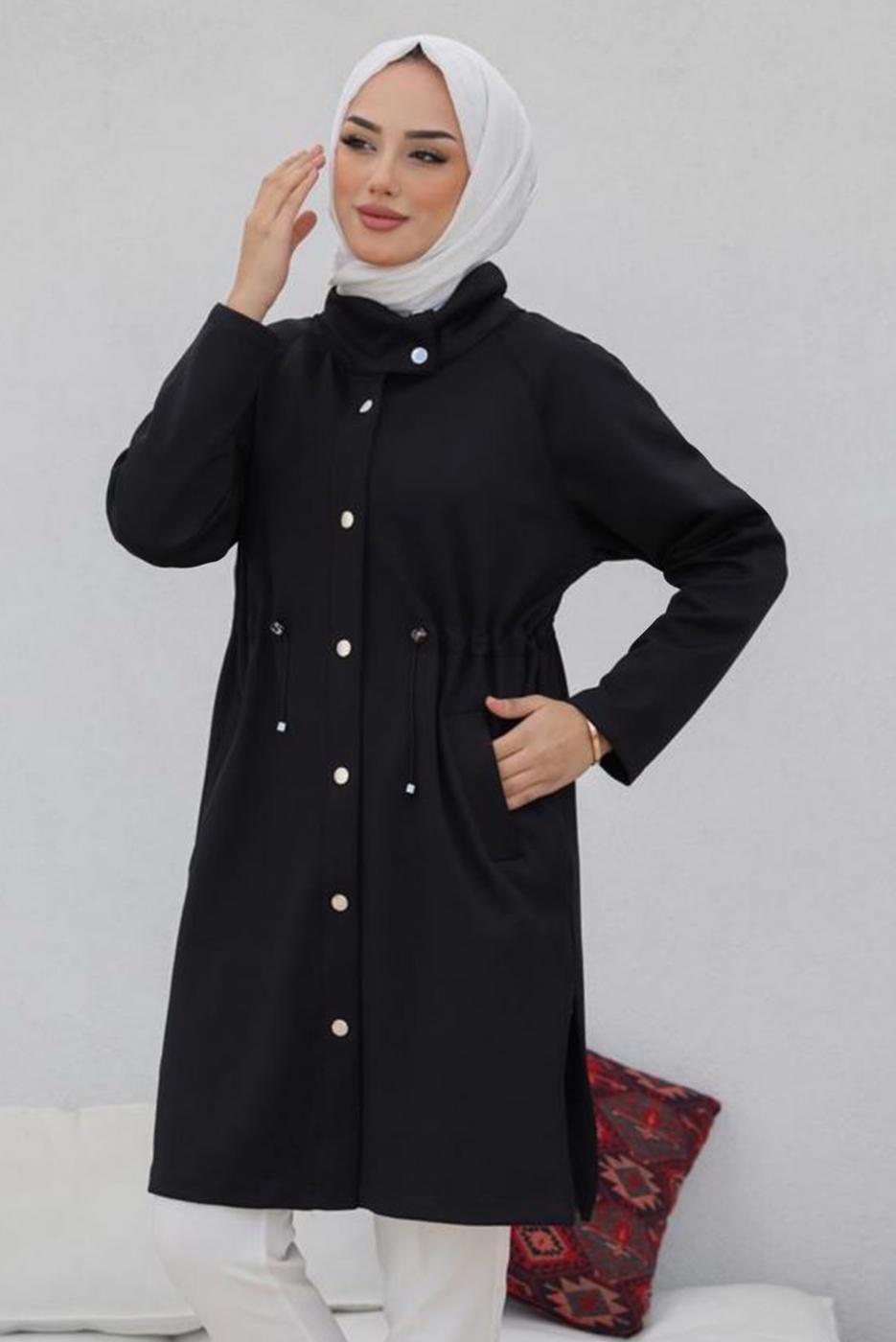 Tesettür giyim SİYAH BELİ BÜZGÜLÜ ÇITÇITLI CEPLİ KAP T 91058