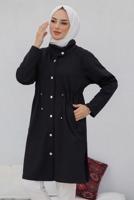 Tesettür giyim SİYAH BELİ BÜZGÜLÜ ÇITÇITLI CEPLİ KAP T 91058