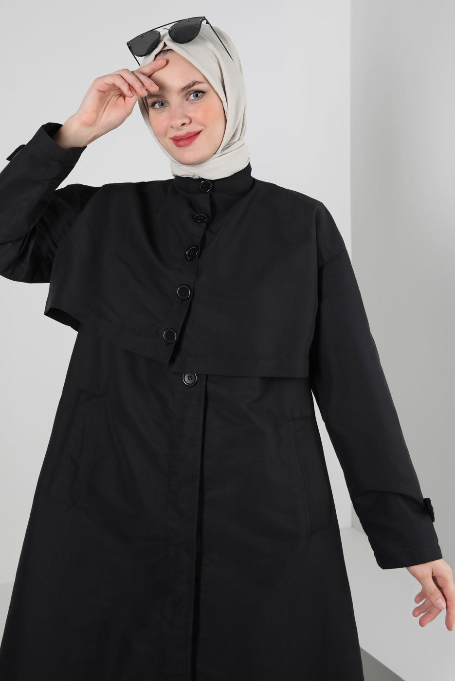 Tesettür giyim SİYAH DÜĞME DETAYLI BOLEROLU TRENÇKOT T 95007