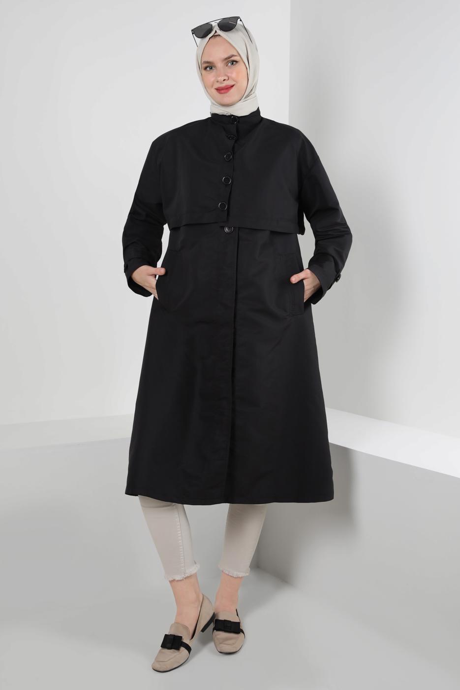 Tesettür giyim SİYAH DÜĞME DETAYLI BOLEROLU TRENÇKOT T 95007