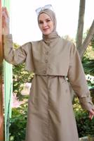 Tesettür giyim KAHVE DÜĞME DETAYLI BOLEROLU TRENÇKOT T 95007