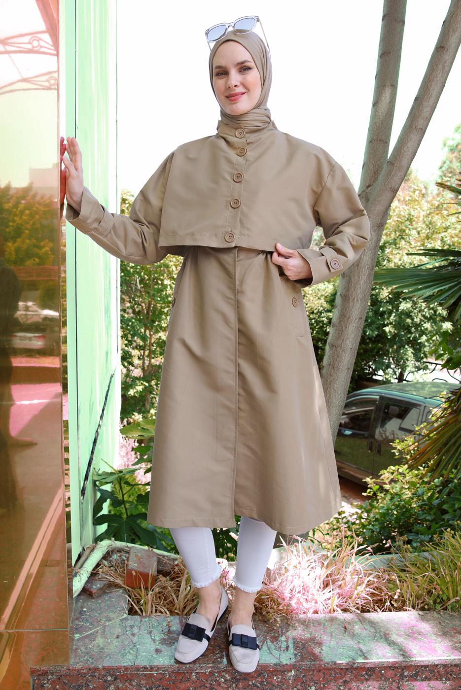 Tesettür giyim KAHVE DÜĞME DETAYLI BOLEROLU TRENÇKOT T 95007