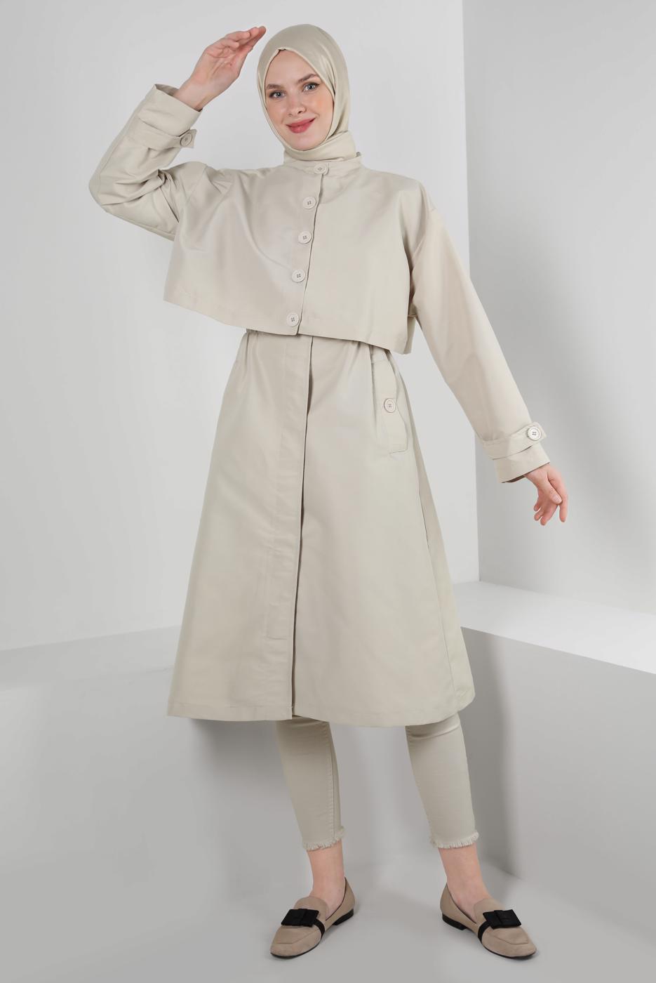 Tesettür giyim BEJ DÜĞME DETAYLI BOLEROLU TRENÇKOT T 95007