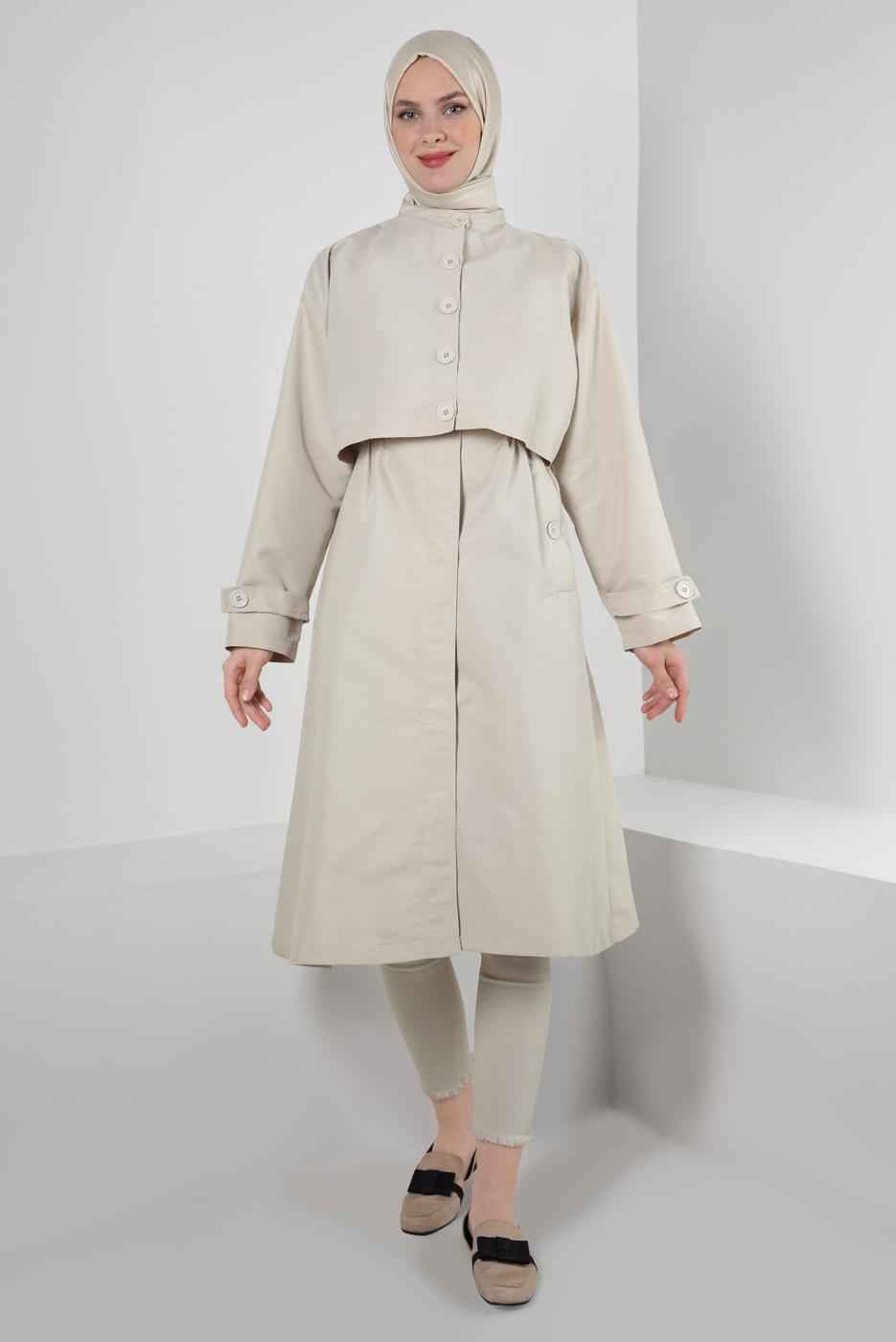 Tesettür giyim BEJ DÜĞME DETAYLI BOLEROLU TRENÇKOT T 95007