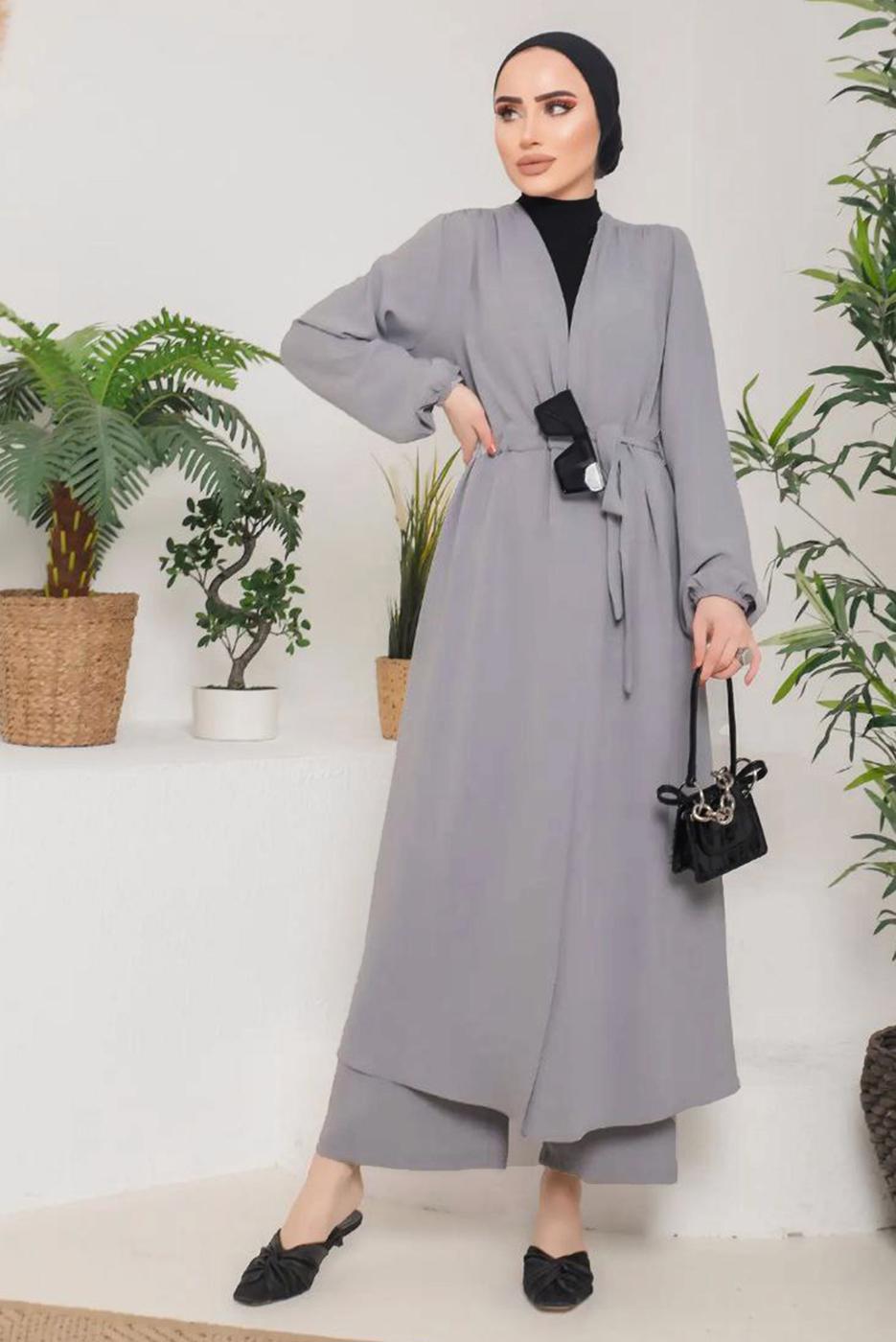 Tesettür giyim GRİ KUŞAKLI MANŞETLERİ LASTİKLİ KAP T 9757