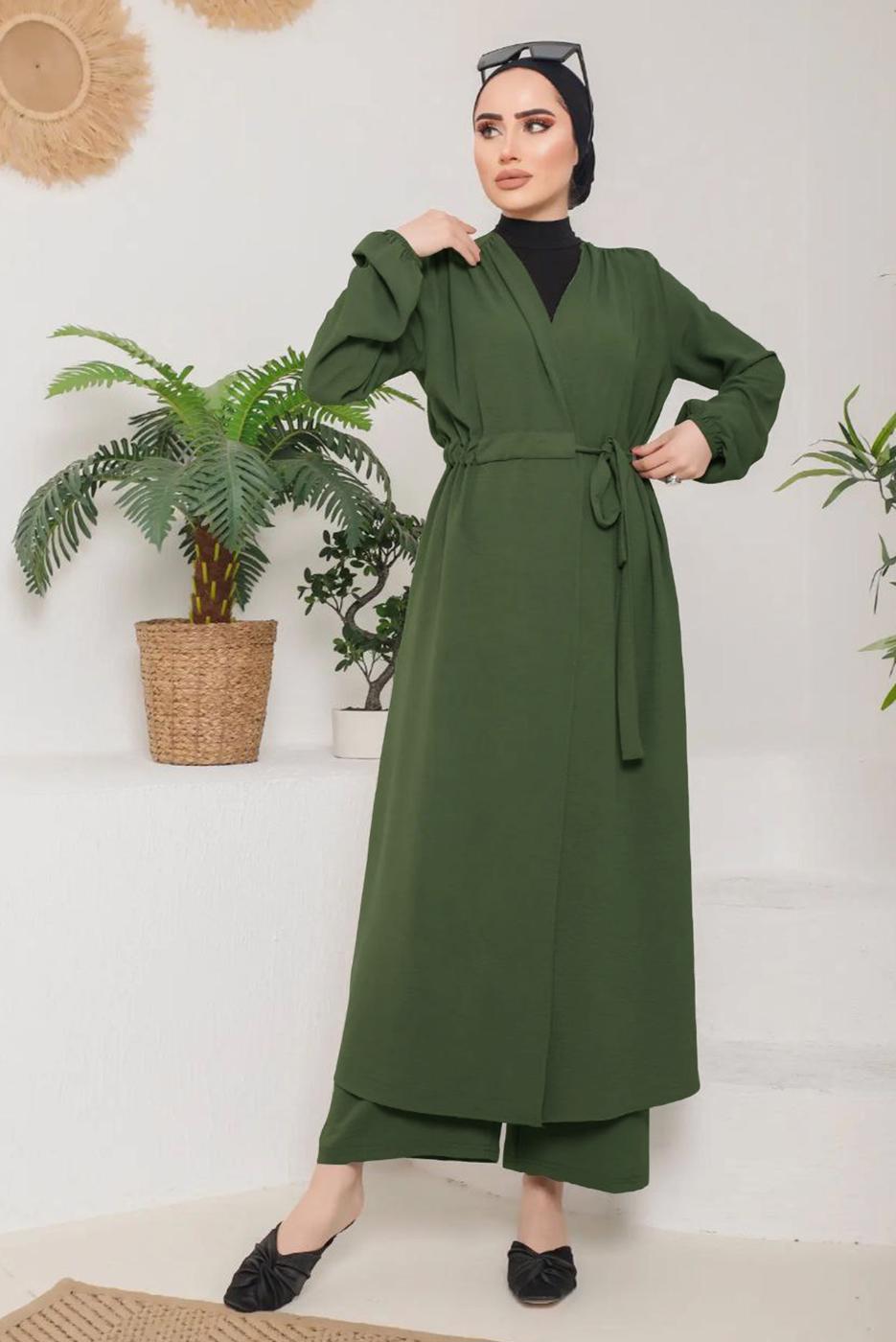 Tesettür giyim HAKİ KUŞAKLI MANŞETLERİ LASTİKLİ KAP T 9757