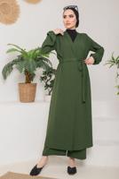 Tesettür giyim HAKİ KUŞAKLI MANŞETLERİ LASTİKLİ KAP T 9757