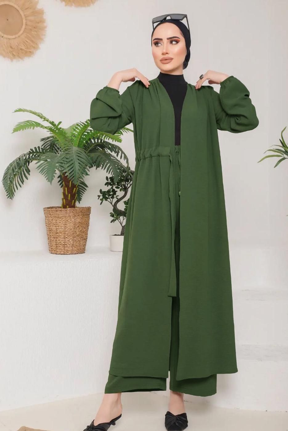 Tesettür giyim HAKİ KUŞAKLI MANŞETLERİ LASTİKLİ KAP T 9757