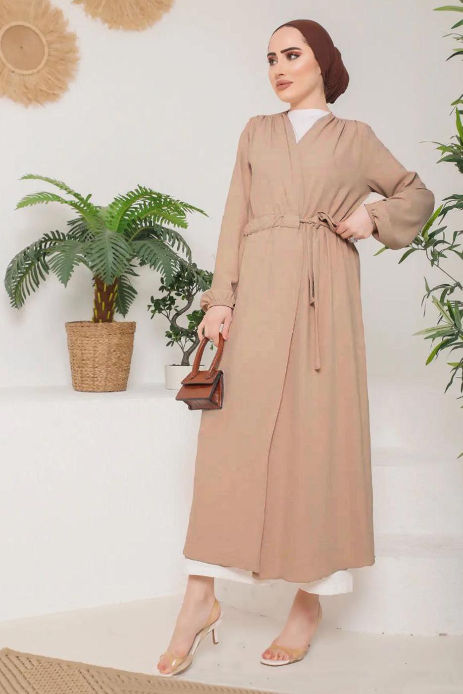 Tesettür giyim VİZON KUŞAKLI MANŞETLERİ LASTİKLİ KAP T 9757