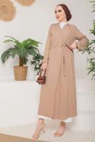 Tesettür giyim VİZON KUŞAKLI MANŞETLERİ LASTİKLİ KAP T 9757