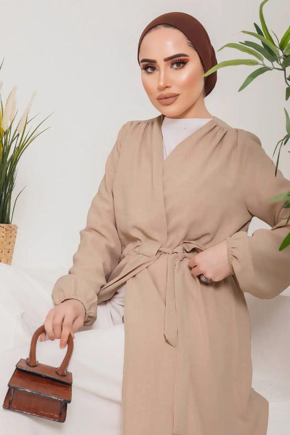 Tesettür giyim VİZON KUŞAKLI MANŞETLERİ LASTİKLİ KAP T 9757