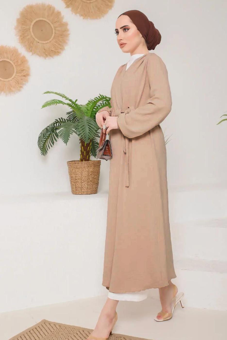 Tesettür giyim VİZON KUŞAKLI MANŞETLERİ LASTİKLİ KAP T 9757