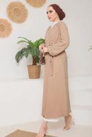 Tesettür giyim VİZON KUŞAKLI MANŞETLERİ LASTİKLİ KAP T 9757