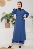 Tesettür giyim LACİVERT KUŞAKLI MANŞETLERİ LASTİKLİ KAP T 9757