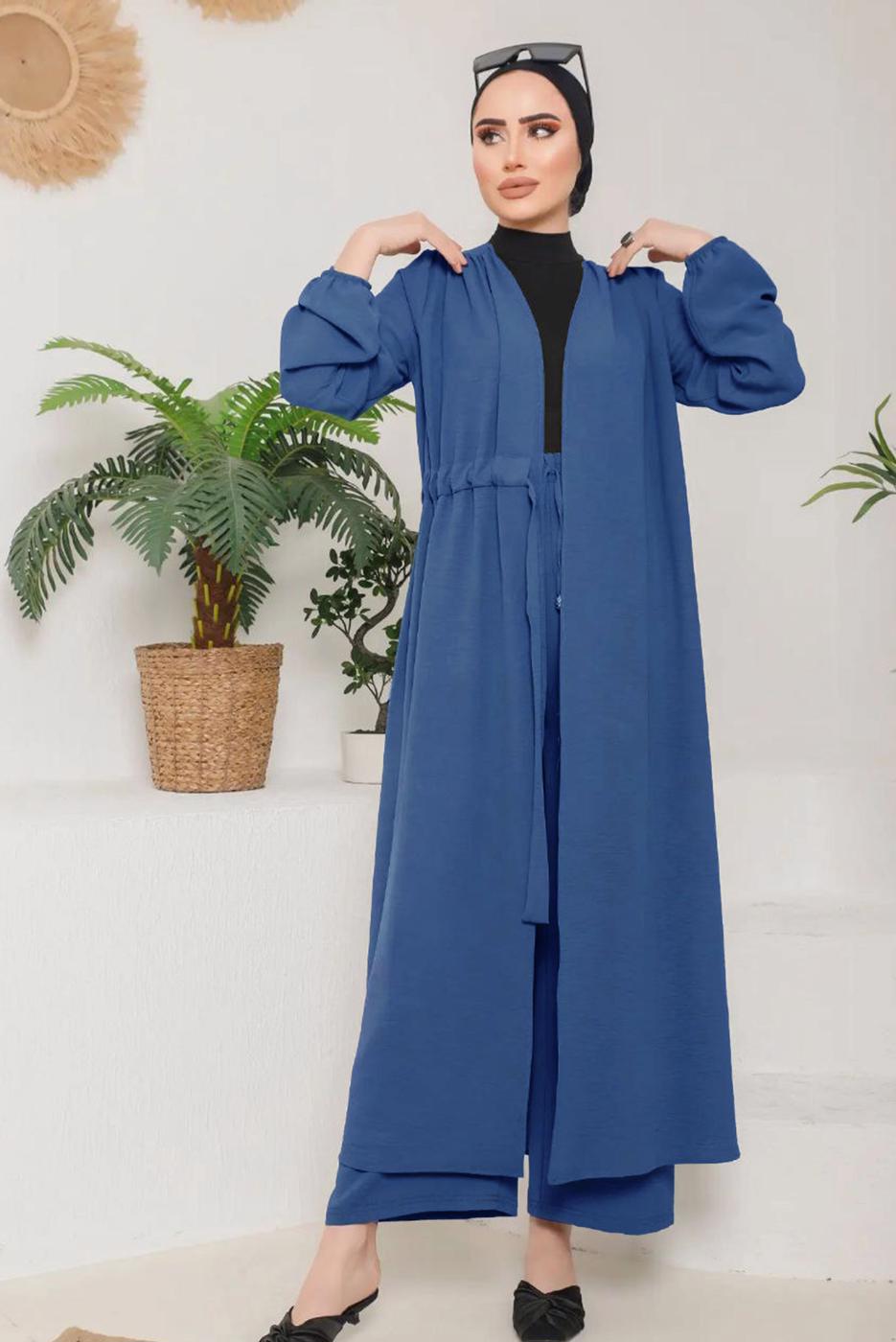 Tesettür giyim LACİVERT KUŞAKLI MANŞETLERİ LASTİKLİ KAP T 9757