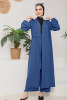 Tesettür giyim LACİVERT KUŞAKLI MANŞETLERİ LASTİKLİ KAP T 9757