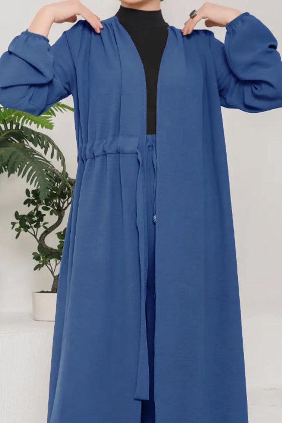 Tesettür giyim LACİVERT KUŞAKLI MANŞETLERİ LASTİKLİ KAP T 9757