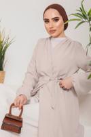 Tesettür giyim BEJ KUŞAKLI MANŞETLERİ LASTİKLİ KAP T 9757
