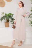 Tesettür giyim BEJ KUŞAKLI MANŞETLERİ LASTİKLİ KAP T 9757