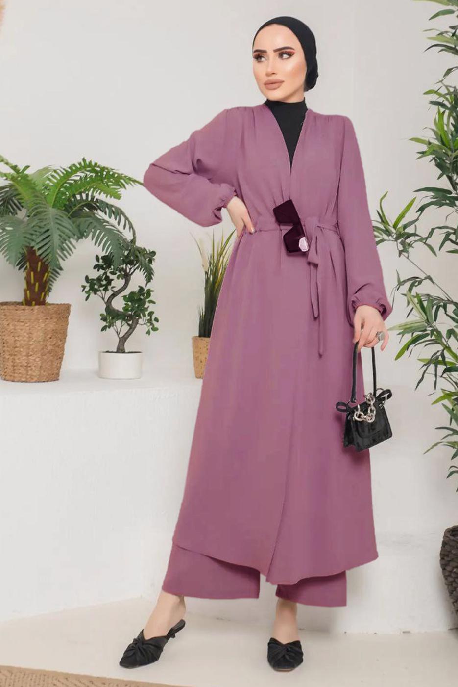 Tesettür giyim PEMBE KUŞAKLI MANŞETLERİ LASTİKLİ KAP T 9757