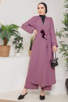 Tesettür giyim PEMBE KUŞAKLI MANŞETLERİ LASTİKLİ KAP T 9757