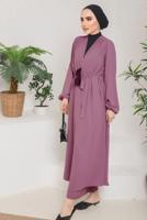 Tesettür giyim PEMBE KUŞAKLI MANŞETLERİ LASTİKLİ KAP T 9757