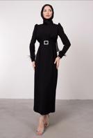 Tesettür giyim SİYAH TÜY DETAYLI KEMERLİ ELBİSE T 80047