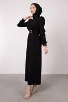 Tesettür giyim SİYAH TÜY DETAYLI KEMERLİ ELBİSE T 80047