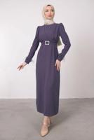 Tesettür giyim MOR TÜY DETAYLI KEMERLİ ELBİSE T 80047