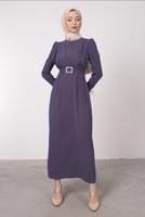 Tesettür giyim MOR TÜY DETAYLI KEMERLİ ELBİSE T 80047