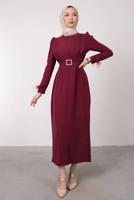 Tesettür giyim BORDO TÜY DETAYLI KEMERLİ ELBİSE T 80047