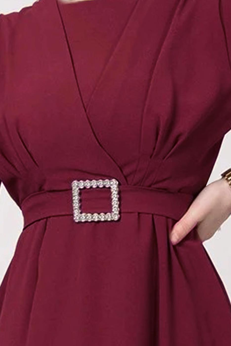 Tesettür giyim BORDO TÜY DETAYLI KEMERLİ ELBİSE T 80047