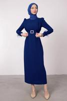 Tesettür giyim LACİVERT TÜY DETAYLI KEMERLİ ELBİSE T 80047
