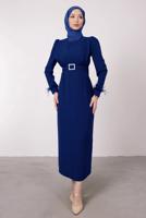 Tesettür giyim LACİVERT TÜY DETAYLI KEMERLİ ELBİSE T 80047