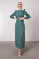 Tesettür giyim YEŞİL TÜY DETAYLI KEMERLİ ELBİSE T 80047