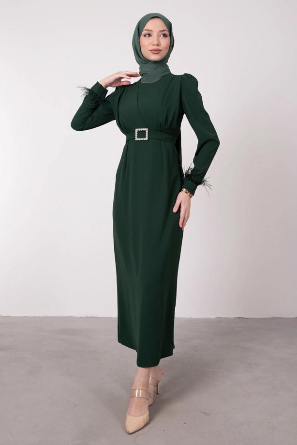 Tesettür giyim  TÜY DETAYLI KEMERLİ ELBİSE T 80047 - TRENDTESETTÜR