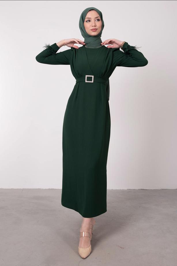 Tesettür giyim  TÜY DETAYLI KEMERLİ ELBİSE T 80047 - TRENDTESETTÜR
