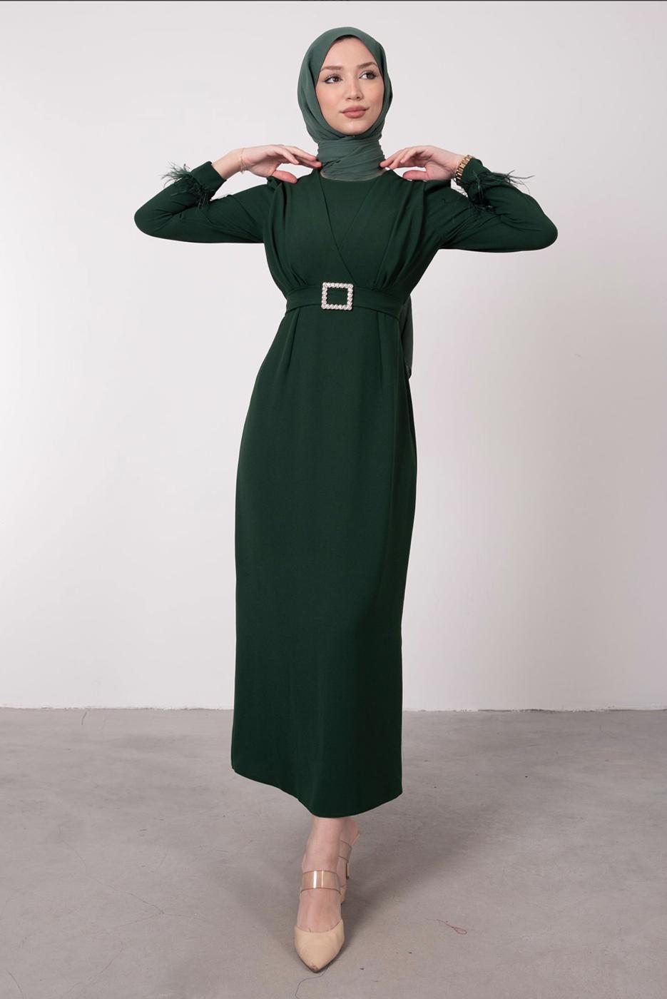 Vêtements hijab VERT ROBE CEINTURE À FOURRURE T 80047